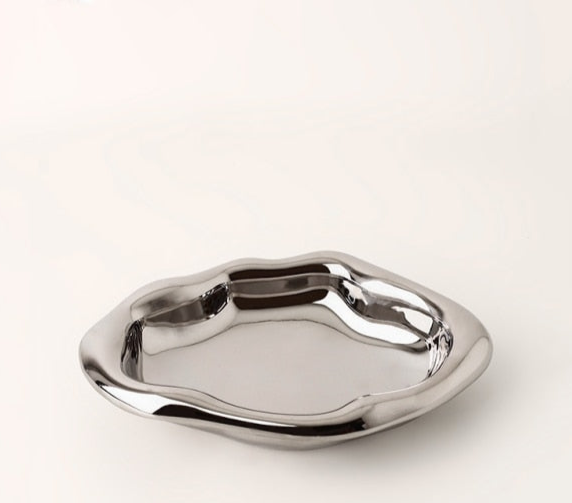 Chrome Plated Ceramic Tray and Dish for Snacks and Trinkets – White with Black Dots and Silver 10