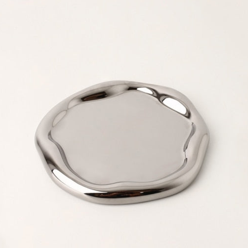 Chrome Plated Ceramic Tray and Dish for Snacks and Trinkets – White with Black Dots and Silver 11