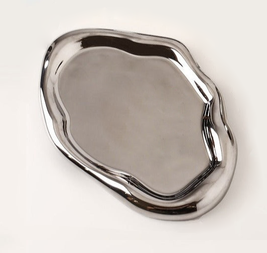 Chrome Plated Ceramic Tray and Dish for Snacks and Trinkets – White with Black Dots and Silver 13