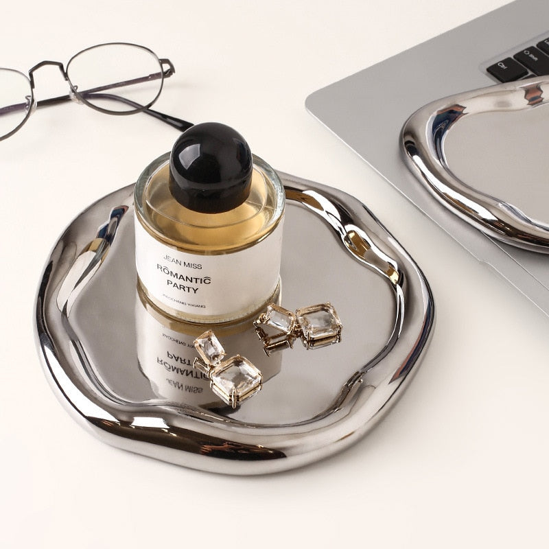 Chrome Plated Ceramic Tray and Dish for Snacks and Trinkets – White with Black Dots and Silver 2