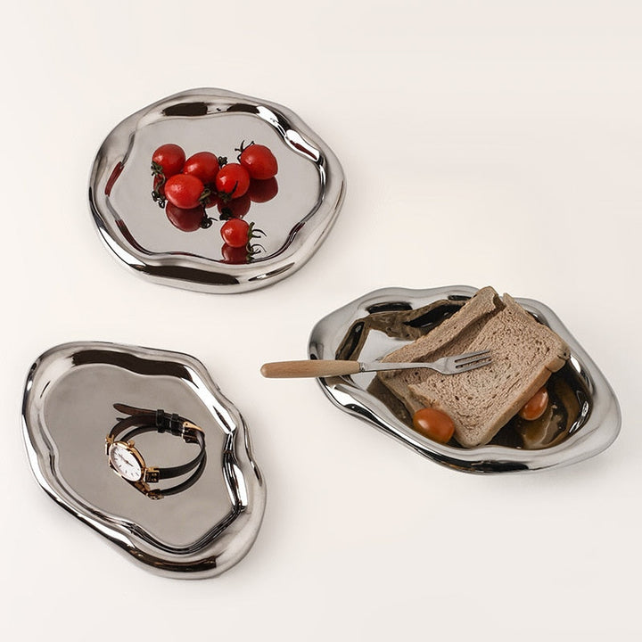 Chrome Plated Ceramic Tray and Dish for Snacks and Trinkets – White with Black Dots and Silver 4
