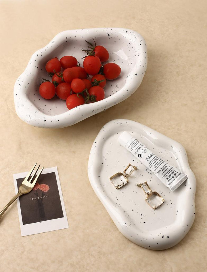 Chrome Plated Ceramic Tray and Dish for Snacks and Trinkets – White with Black Dots and Silver 7