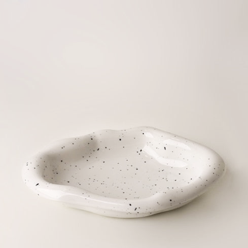 Chrome Plated Ceramic Tray and Dish for Snacks and Trinkets – White with Black Dots and Silver 9