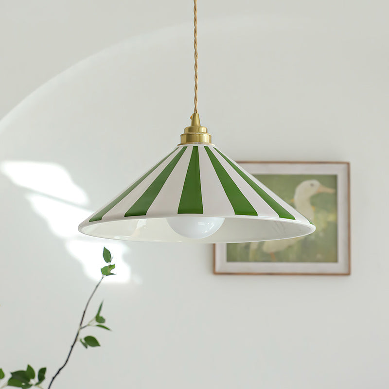 Coil Pendant Lamp with Cone-Shaped Glass Shade – Vibrant Yellow and White Stripes for Kitchen Pendant Lighting 0