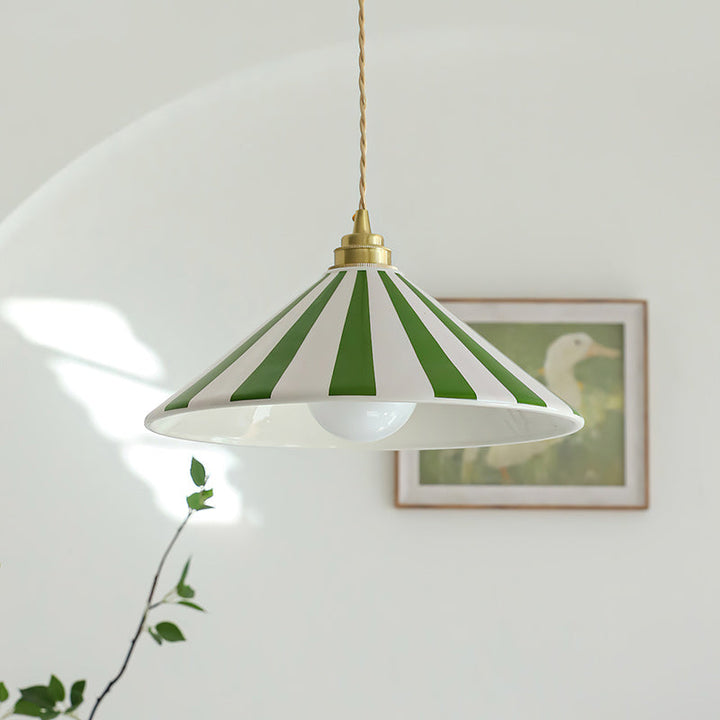 Coil Pendant Lamp with Cone-Shaped Glass Shade – Vibrant Yellow and White Stripes for Kitchen Pendant Lighting 0