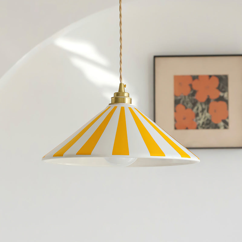 Coil Pendant Lamp with Cone-Shaped Glass Shade – Vibrant Yellow and White Stripes for Kitchen Pendant Lighting 10