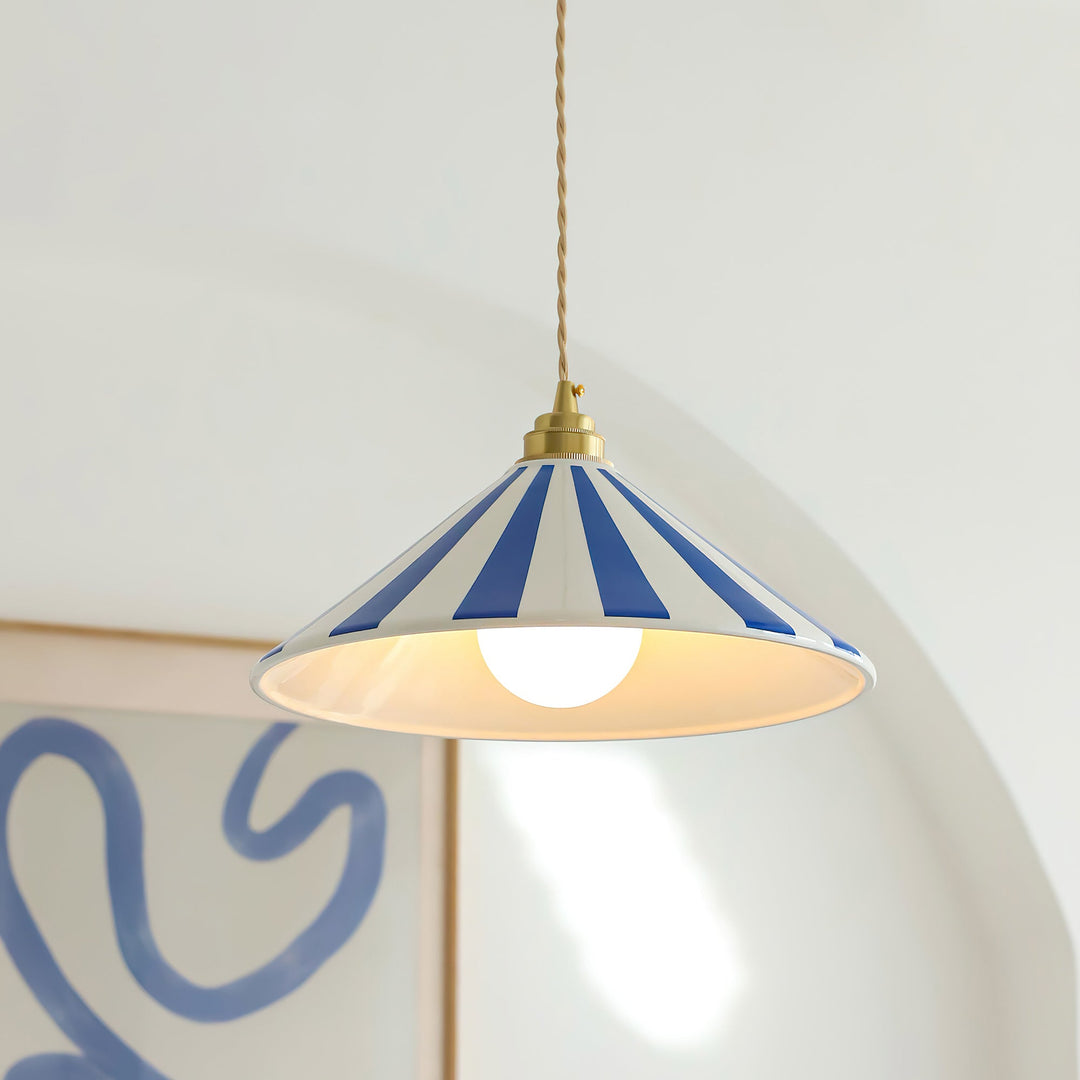 Coil Pendant Lamp with Cone-Shaped Glass Shade – Vibrant Yellow and White Stripes for Kitchen Pendant Lighting 2