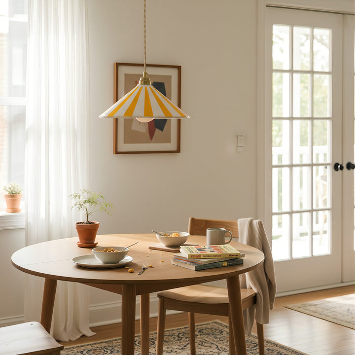 Coil Pendant Lamp with Cone-Shaped Glass Shade – Vibrant Yellow and White Stripes for Kitchen Pendant Lighting 3