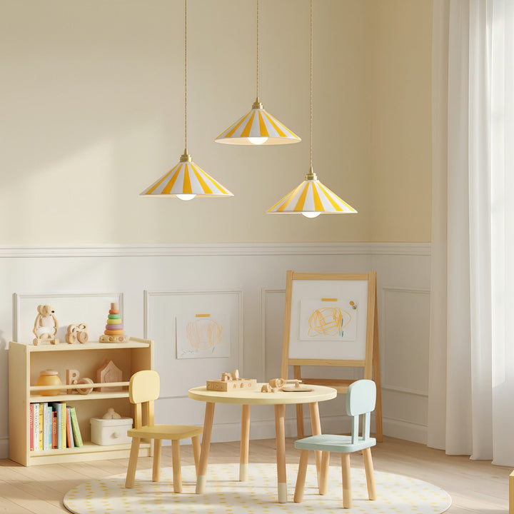 Coil Pendant Lamp with Cone-Shaped Glass Shade – Vibrant Yellow and White Stripes for Kitchen Pendant Lighting 4