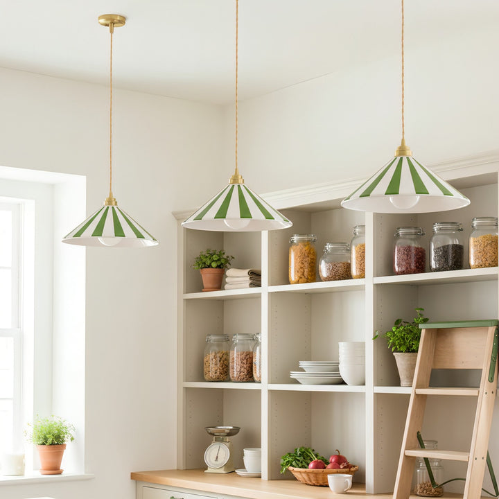 Coil Pendant Lamp with Cone-Shaped Glass Shade – Vibrant Yellow and White Stripes for Kitchen Pendant Lighting 6