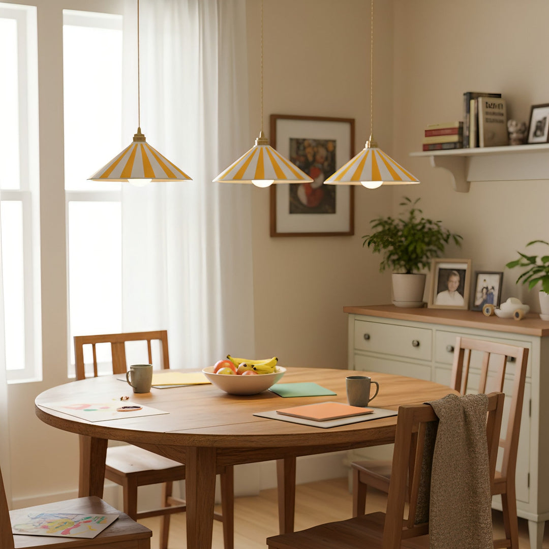 Coil Pendant Lamp with Cone-Shaped Glass Shade – Vibrant Yellow and White Stripes for Kitchen Pendant Lighting 7