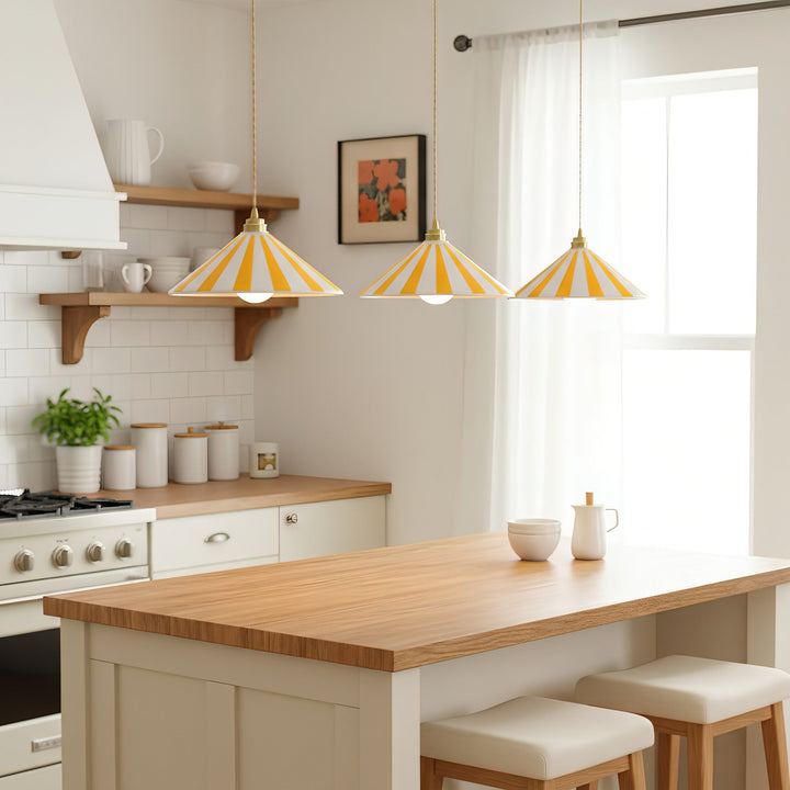 Coil Pendant Lamp with Cone-Shaped Glass Shade – Vibrant Yellow and White Stripes for Kitchen Pendant Lighting 8