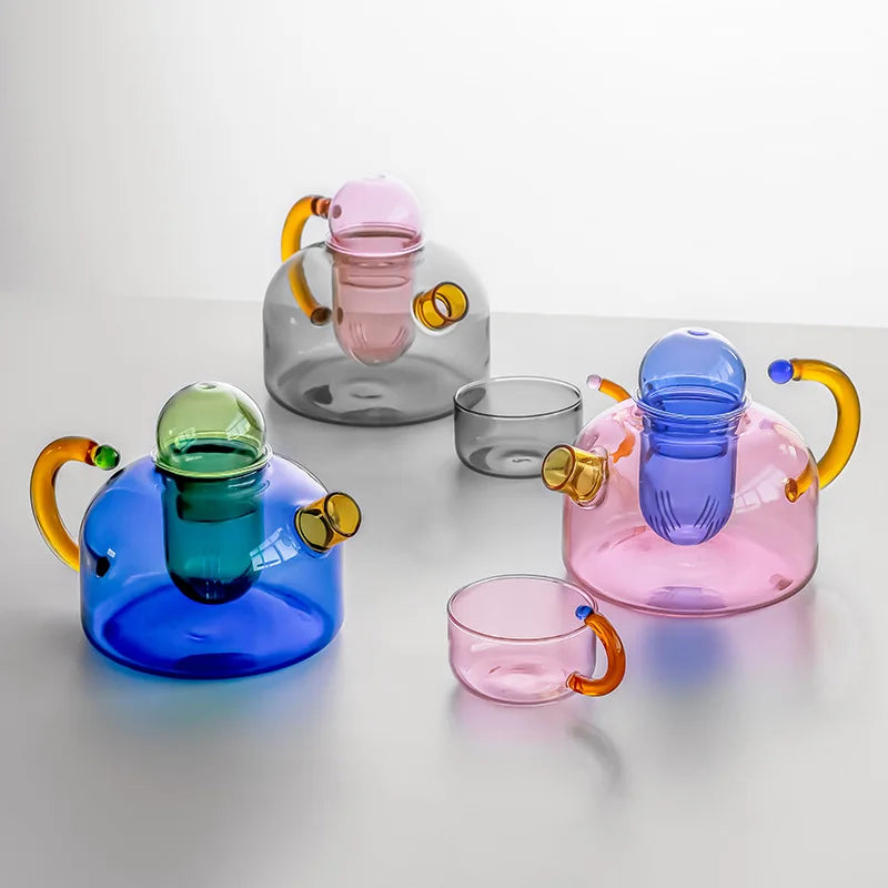 Color Bloom Glass Teapot and Cup Set – Heat-Resistant Borosilicate Glass with Ergonomic Handle 1