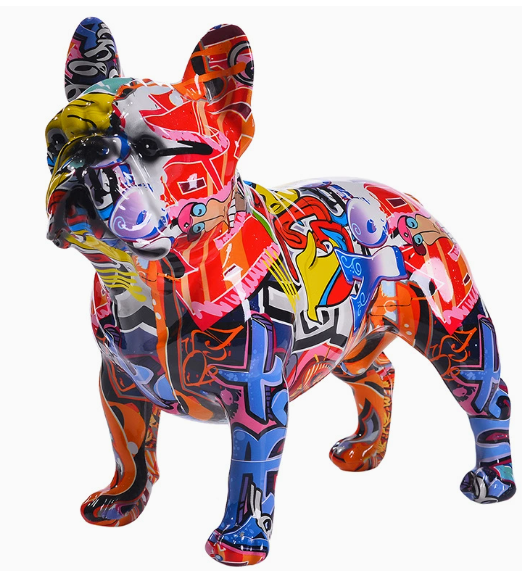 Colorful Graffiti Painted French Bulldog Statue – Unique Home Decor Accent