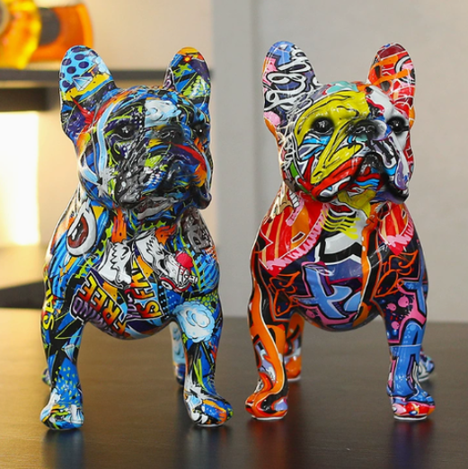 Colorful Graffiti Painted French Bulldog Statue – Unique Home Decor Accent