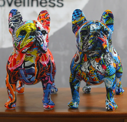 Colorful Graffiti Painted French Bulldog Statue – Unique Home Decor Accent