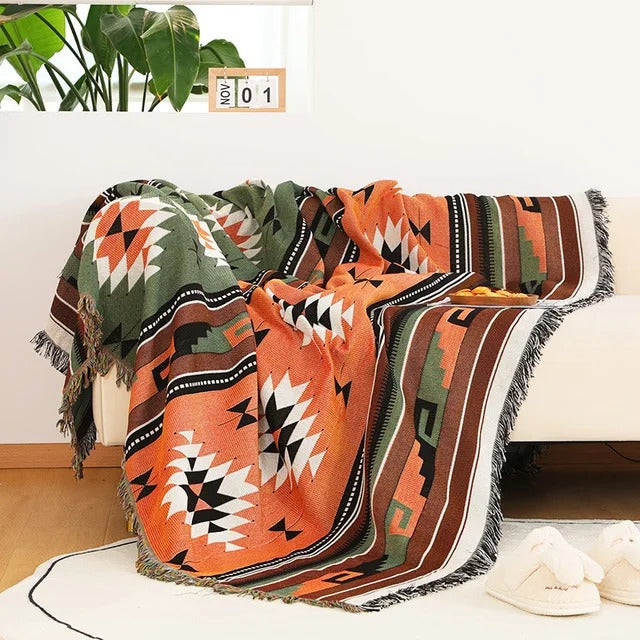 Colorful Jacquard Woven Plaid Throw Blanket with Bohemian Fringes – Cozy Home Accent 0
