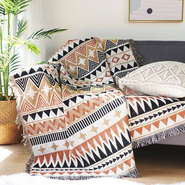 Colorful Jacquard Woven Plaid Throw Blanket with Bohemian Fringes – Cozy Home Accent 1