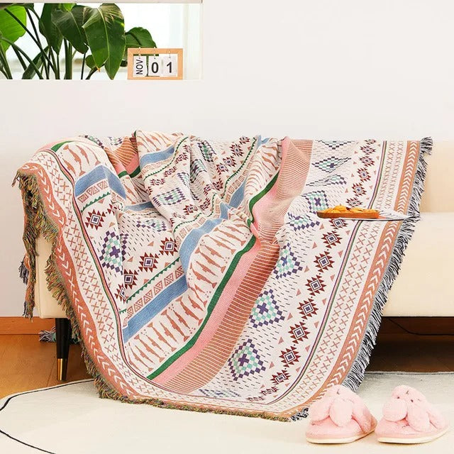 Colorful Jacquard Woven Plaid Throw Blanket with Bohemian Fringes – Cozy Home Accent 2