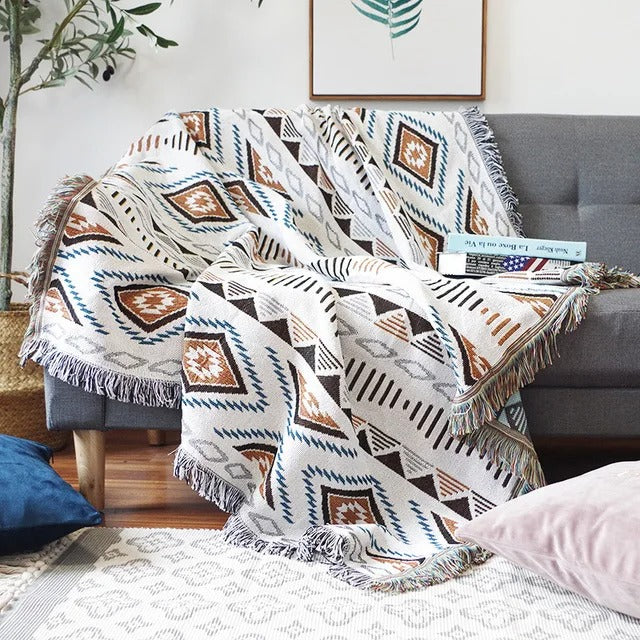 Colorful Jacquard Woven Plaid Throw Blanket with Bohemian Fringes – Cozy Home Accent 3