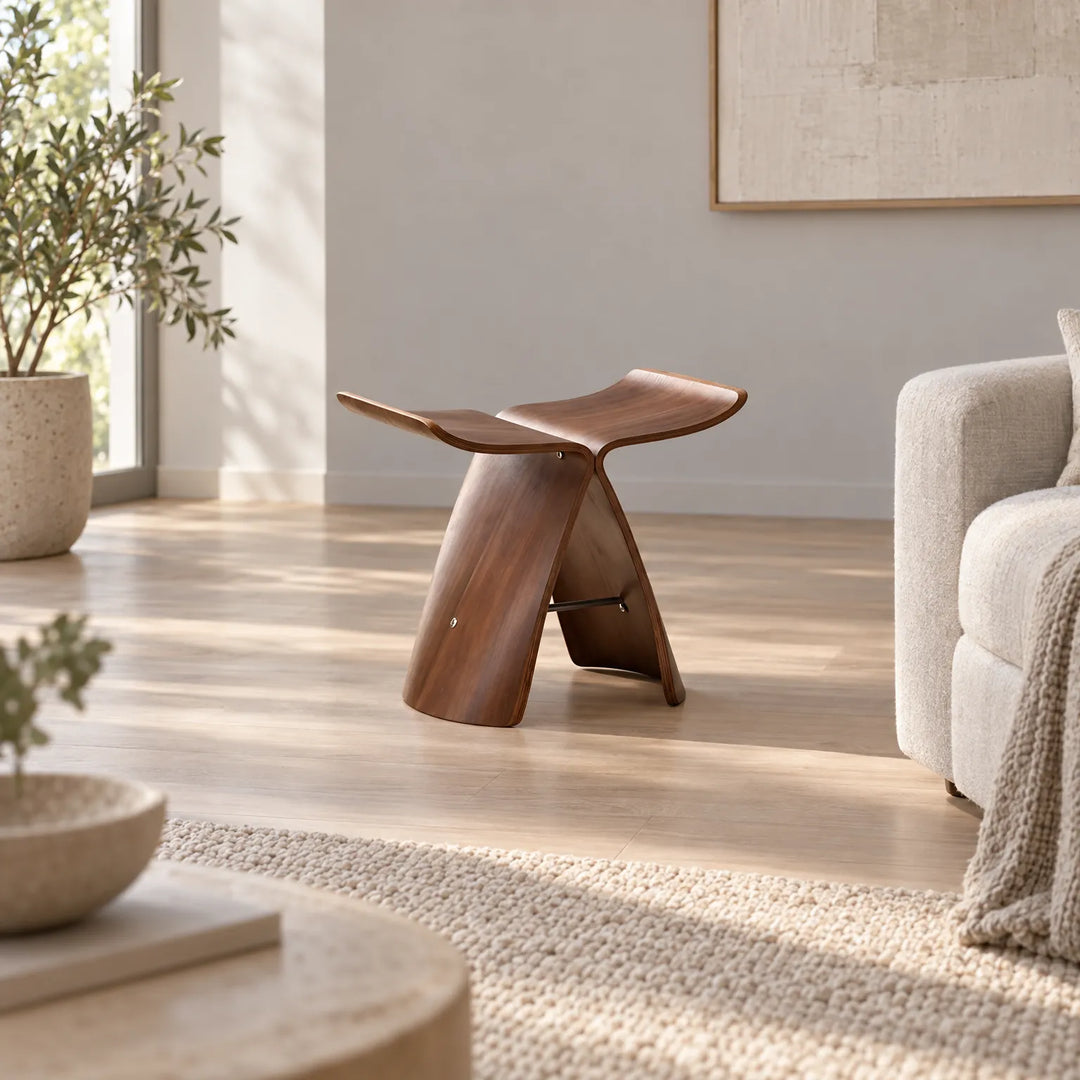 Curved Wooden Stool – Lightweight Nordic Minimalist Design, Compact 44x31x42 cm, Ideal for Small Spaces 2