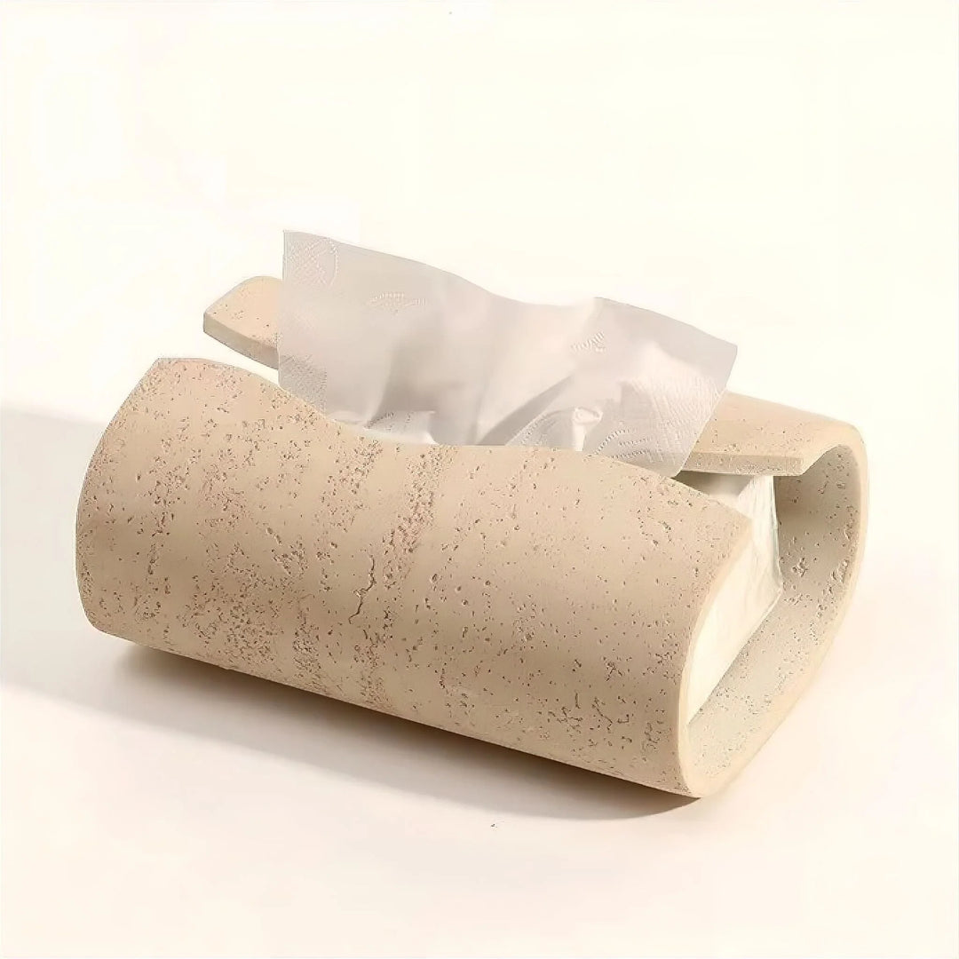 Cylindrical Tissue Box Cover in Travertine Look Resin – Lightweight Durable Tissue Holder for Bathroom and Living Room Decor 0