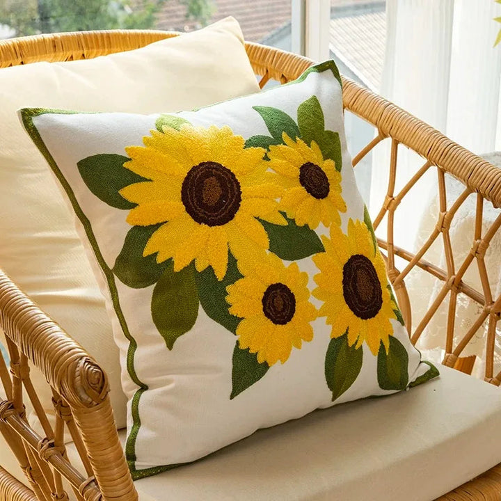 Decorative Cushion with Sunflower Embroidery – 45x45 cm Cream Fabric 0