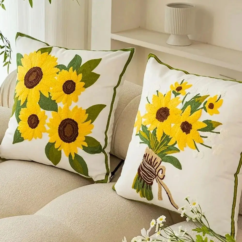 Decorative Cushion with Sunflower Embroidery – 45x45 cm Cream Fabric 1