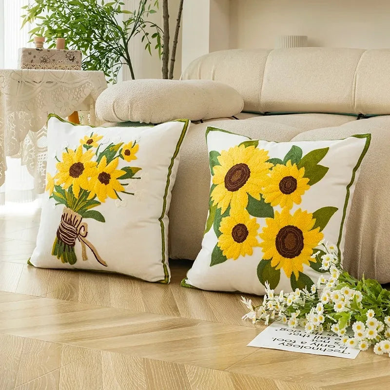 Decorative Cushion with Sunflower Embroidery – 45x45 cm Cream Fabric 2