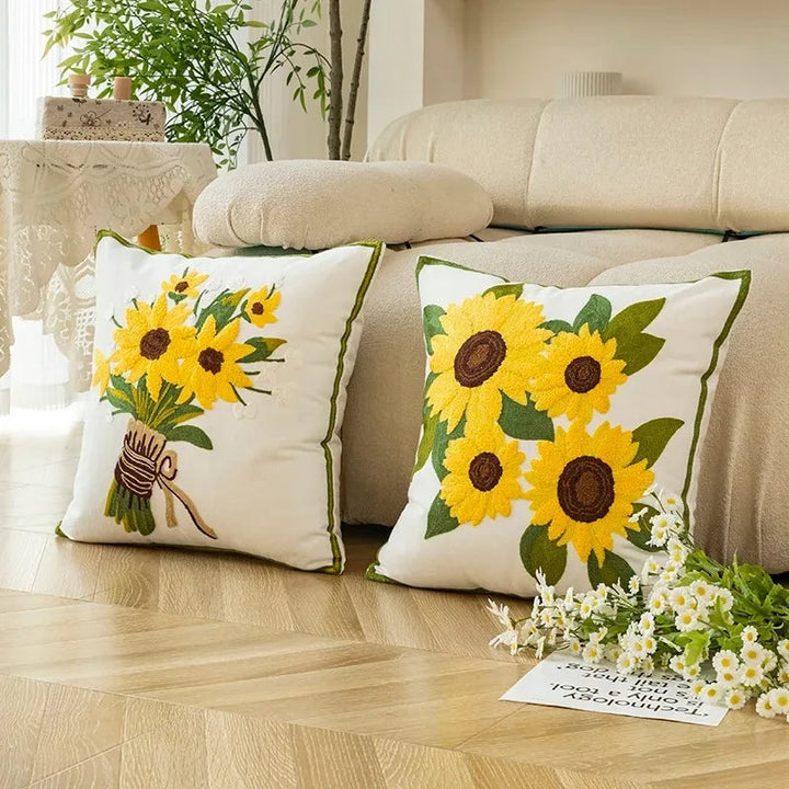 Decorative Cushion with Sunflower Embroidery – 45x45 cm Cream Fabric 2