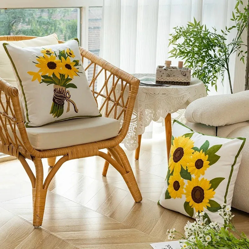 Decorative Cushion with Sunflower Embroidery – 45x45 cm Cream Fabric 3