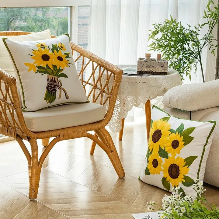 Decorative Cushion with Sunflower Embroidery – 45x45 cm Cream Fabric 3