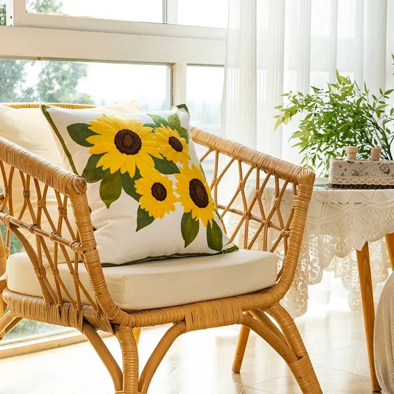 Decorative Cushion with Sunflower Embroidery – 45x45 cm Cream Fabric 4