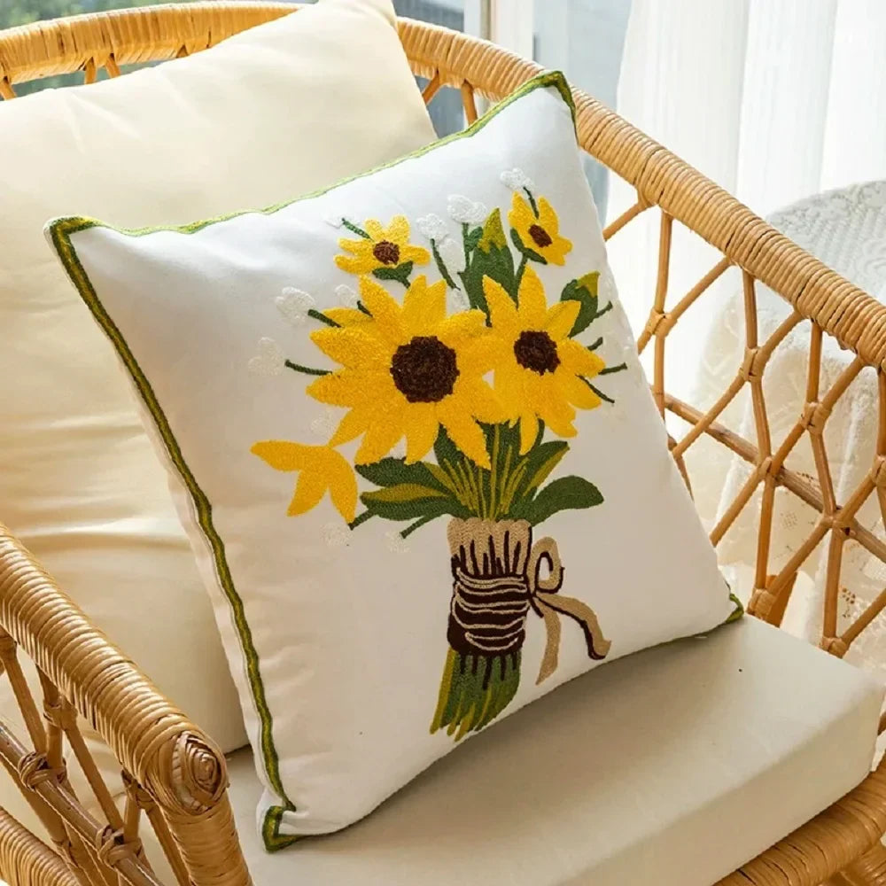 Decorative Cushion with Sunflower Embroidery – 45x45 cm Cream Fabric 5