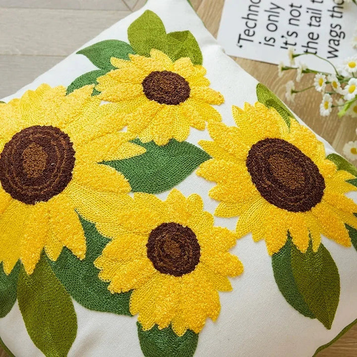 Decorative Cushion with Sunflower Embroidery – 45x45 cm Cream Fabric 6