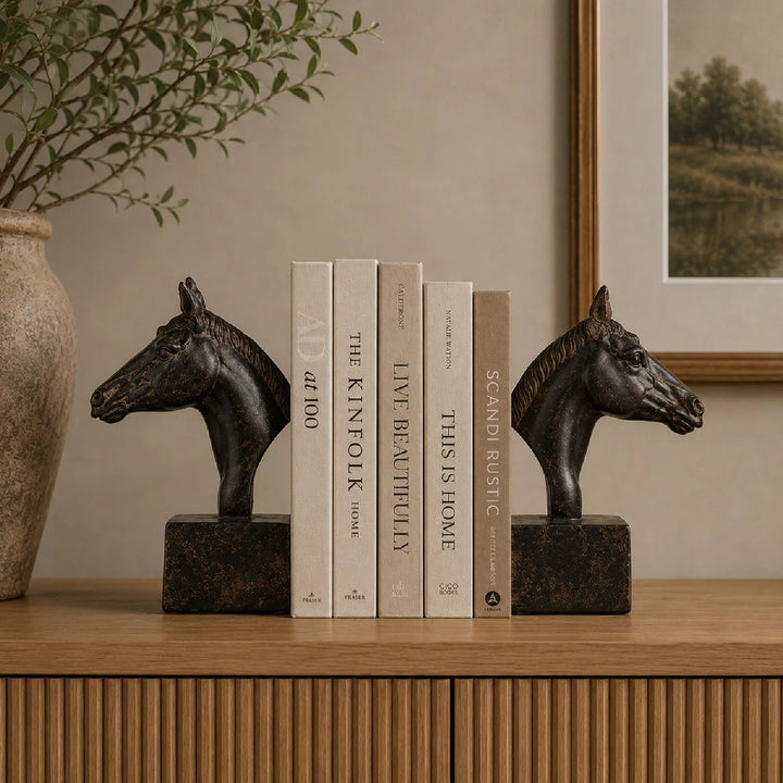 Decorative Horse Head Bookends with Dark Brown Distressed Finish – Sculpted Equestrian Design for Stylish Shelf Organization 0