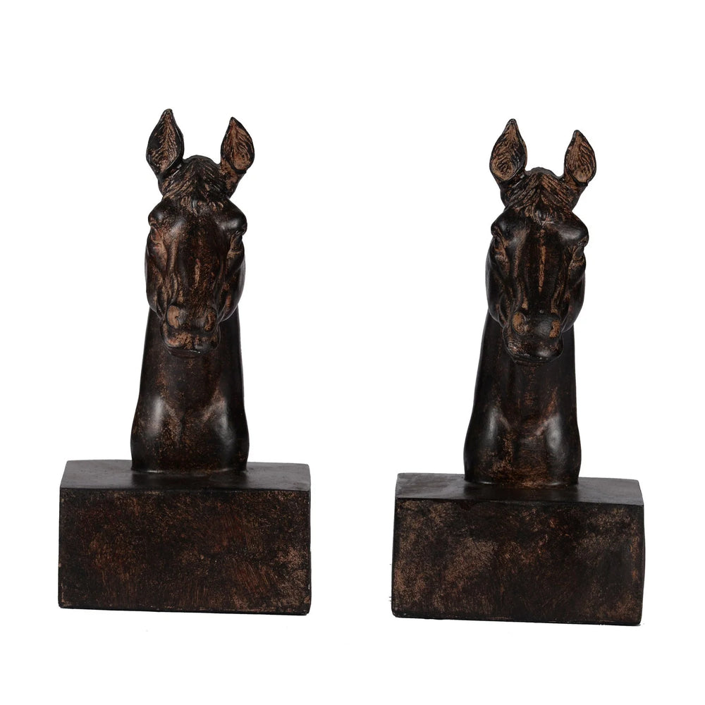 Decorative Horse Head Bookends with Dark Brown Distressed Finish – Sculpted Equestrian Design for Stylish Shelf Organization 1