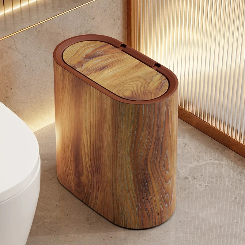 Decorative Lidded Waste Bin for Kitchen and Bathroom – Compact Trash Can with Marble-Pattern and Wood-Effect Finishes 0