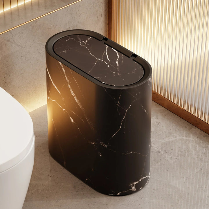 Decorative Lidded Waste Bin for Kitchen and Bathroom – Compact Trash Can with Marble-Pattern and Wood-Effect Finishes 1