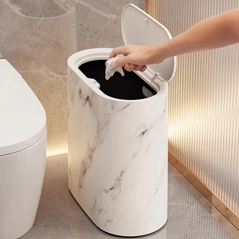Decorative Lidded Waste Bin for Kitchen and Bathroom – Compact Trash Can with Marble-Pattern and Wood-Effect Finishes 2