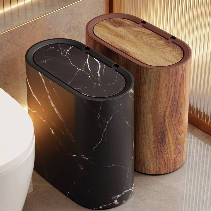 Decorative Lidded Waste Bin for Kitchen and Bathroom – Compact Trash Can with Marble-Pattern and Wood-Effect Finishes 3