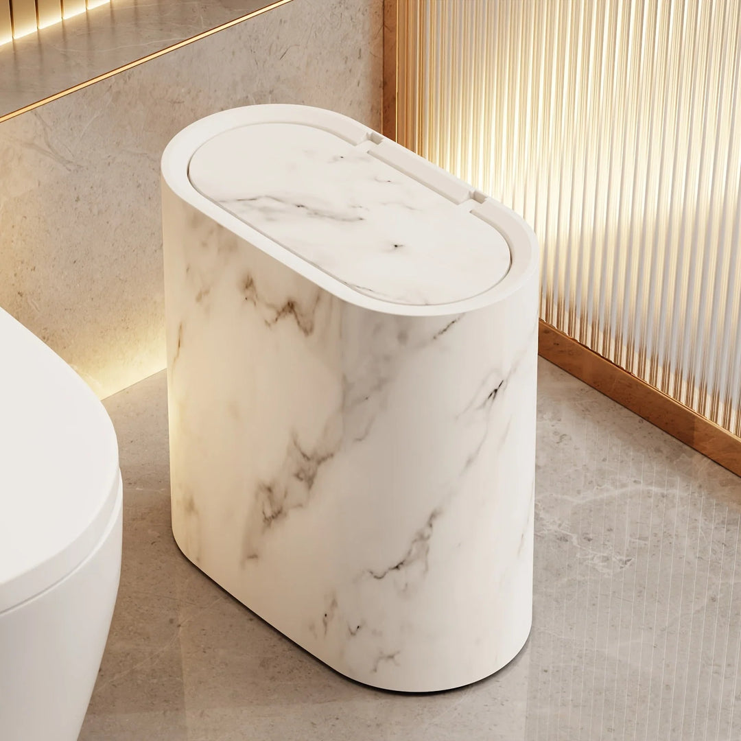 Decorative Lidded Waste Bin for Kitchen and Bathroom – Compact Trash Can with Marble-Pattern and Wood-Effect Finishes 4