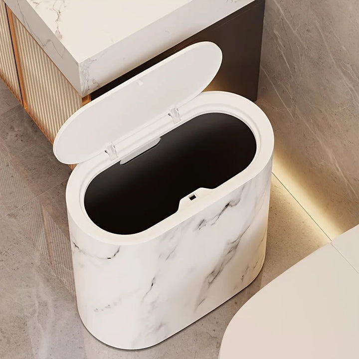 Decorative Lidded Waste Bin for Kitchen and Bathroom – Compact Trash Can with Marble-Pattern and Wood-Effect Finishes 7
