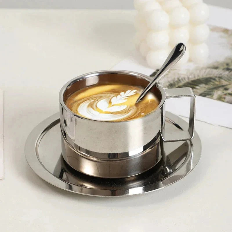 Double-Walled Stainless Steel Coffee Mug Set with Saucer and Spoon – Insulated, Ergonomic Handle for Hot and Cold Drinks 0