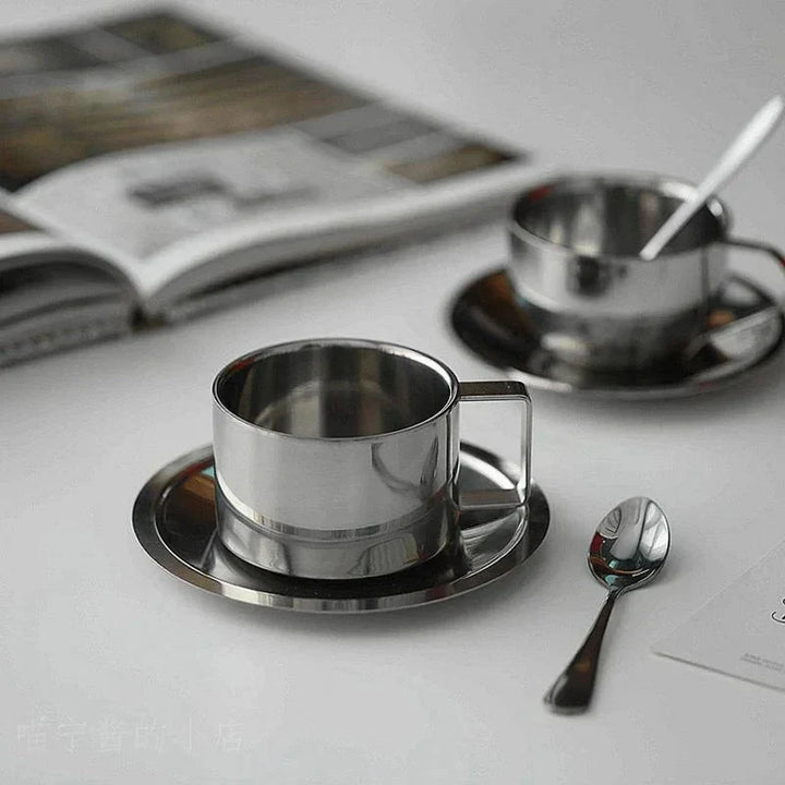 Double-Walled Stainless Steel Coffee Mug Set with Saucer and Spoon – Insulated, Ergonomic Handle for Hot and Cold Drinks 2