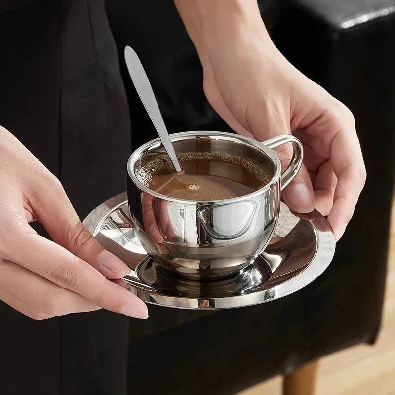 Double-Walled Stainless Steel Coffee Mug Set with Saucer and Spoon – Insulated, Ergonomic Handle for Hot and Cold Drinks 5