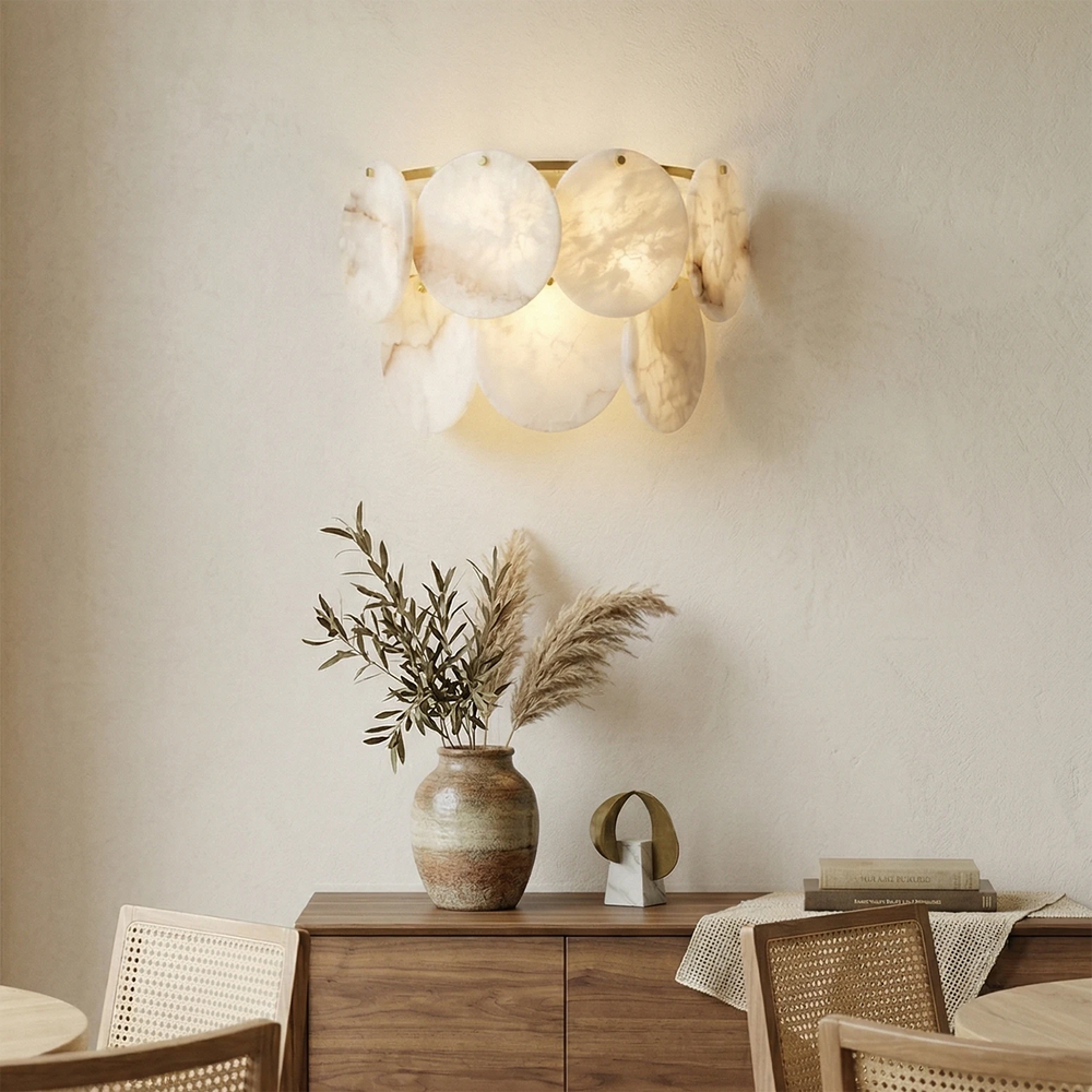 Double Layer Round Alabaster Wall Lamp – Minimalist Sconce Light for Warm Ambiance in White and Gold Finish 0