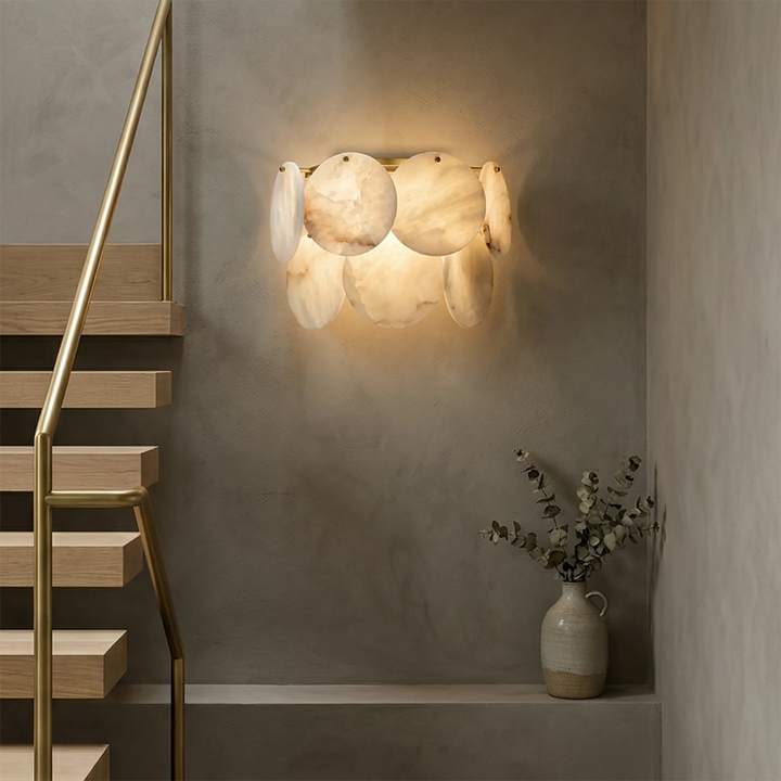 Double Layer Round Alabaster Wall Lamp – Minimalist Sconce Light for Warm Ambiance in White and Gold Finish 3