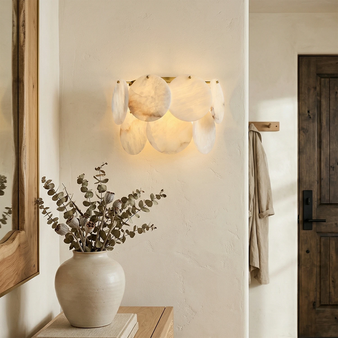 Double Layer Round Alabaster Wall Lamp – Minimalist Sconce Light for Warm Ambiance in White and Gold Finish 4