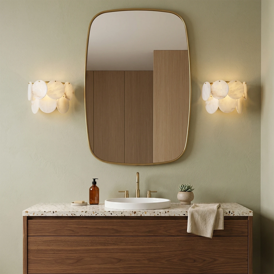 Double Layer Round Alabaster Wall Lamp – Minimalist Sconce Light for Warm Ambiance in White and Gold Finish 7